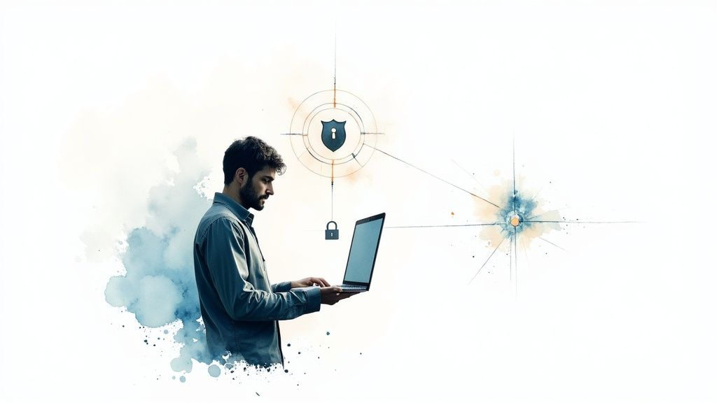 Man working on laptop with abstract cybersecurity shield and padlock icons.