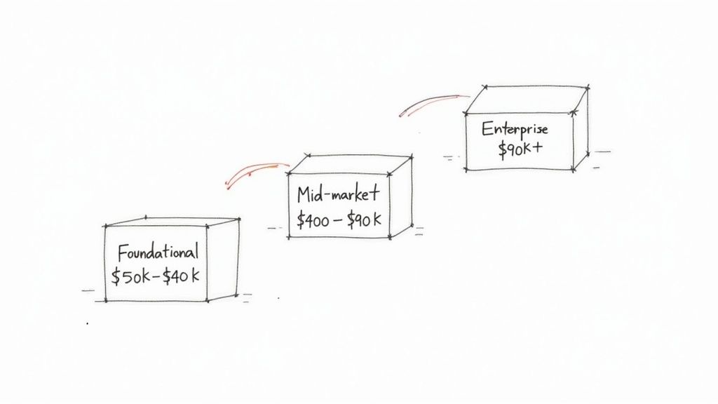 A diagram showing three market segments: Foundational ($50k-$40k), Mid-market ($400-$90k), and Enterprise ($90k+), with arrows indicating progression.
