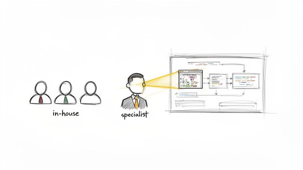 A specialist in a suit with a yellow tie intently analyzes complex technical diagrams on a board, while three in-house team members stand by.