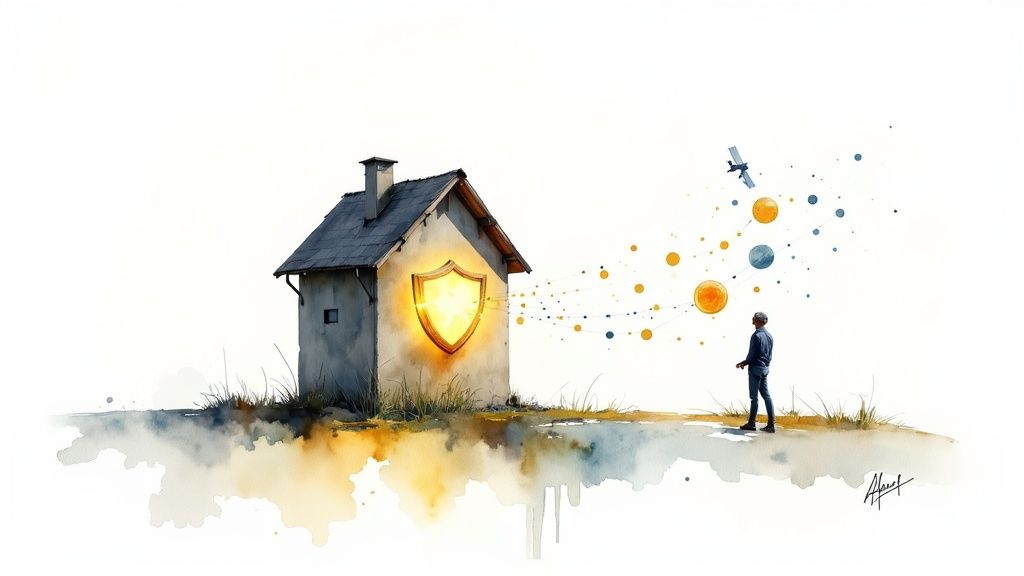 Watercolor of a secure smart home, with a glowing shield protecting data streams to a man and satellite.