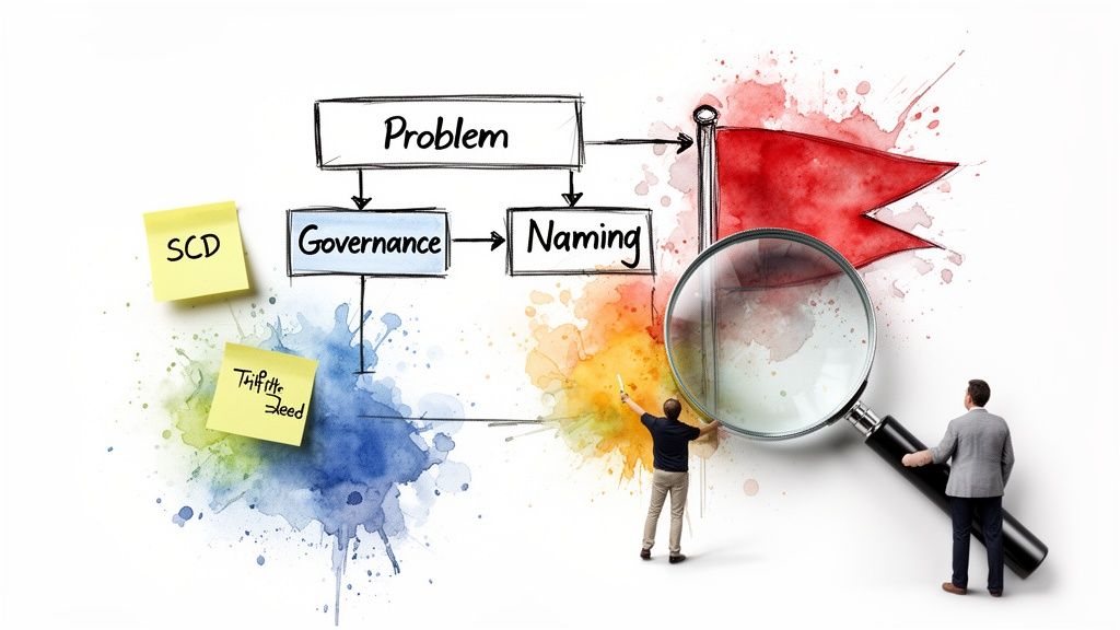 A flowchart of problem, governance, and naming leads to a red flag, with two men examining.