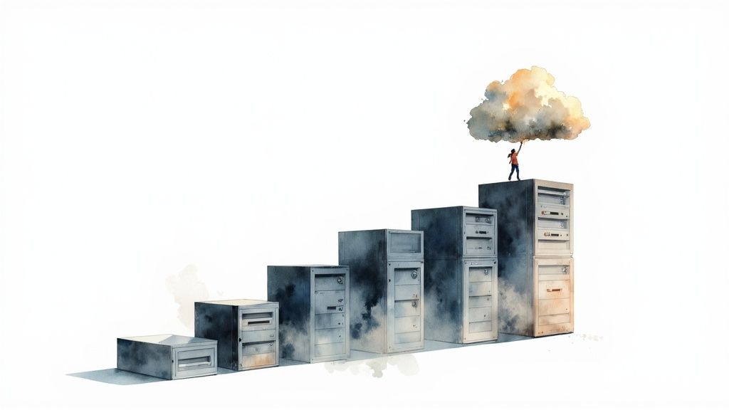 A person on a rising stack of server racks reaches for a watercolor cloud, symbolizing cloud migration.