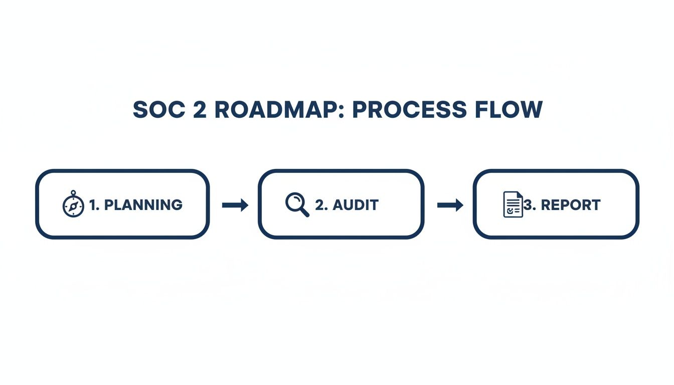 A SOC 2 roadmap outlining the three-step process: planning, audit, and report, connected by arrows.