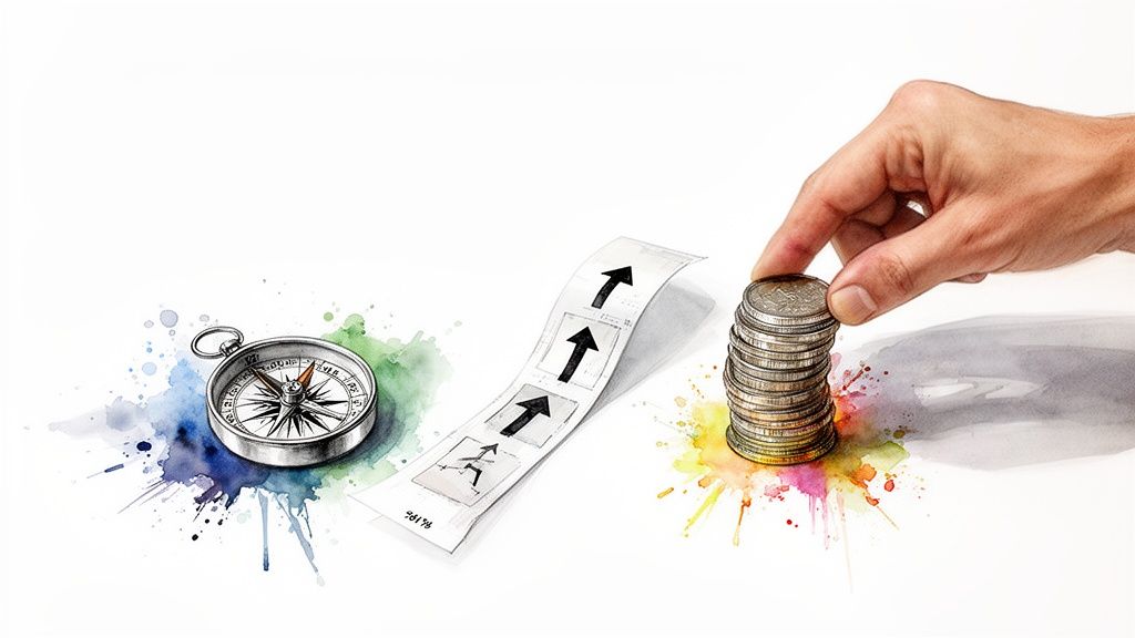 A watercolor illustration showing a compass, upward arrows, and a hand stacking coins, symbolizing strategic planning and financial growth.
