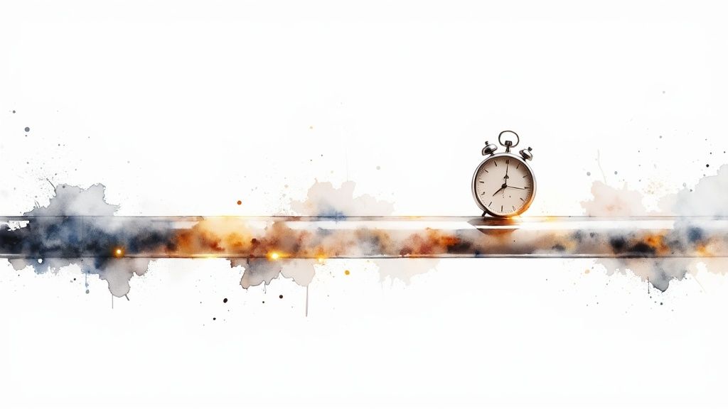 An artistic watercolor image with an alarm clock on a horizontal bar with blue and orange splashes.