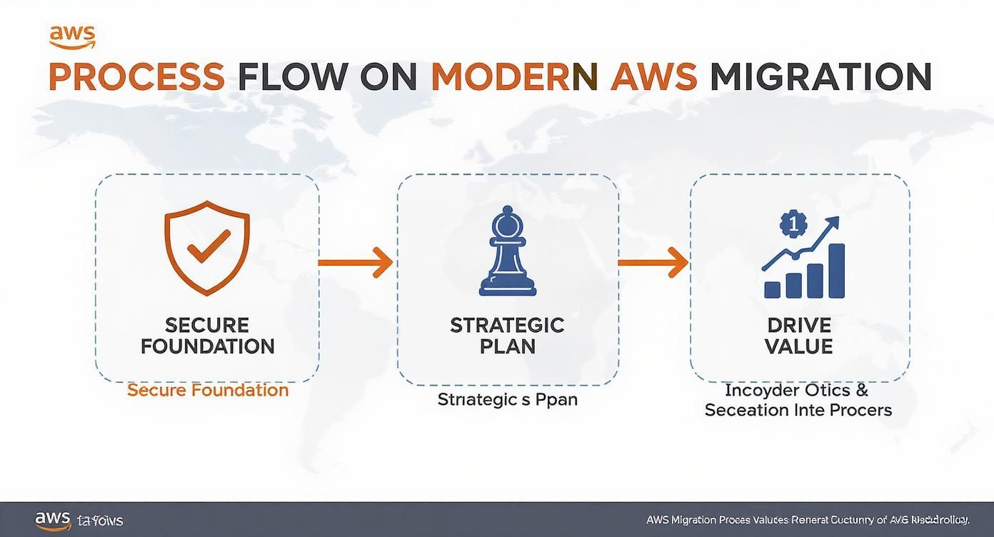 AWS migration process flow diagram showing steps: Secure Foundation, Strategic Plan, and Drive Value.