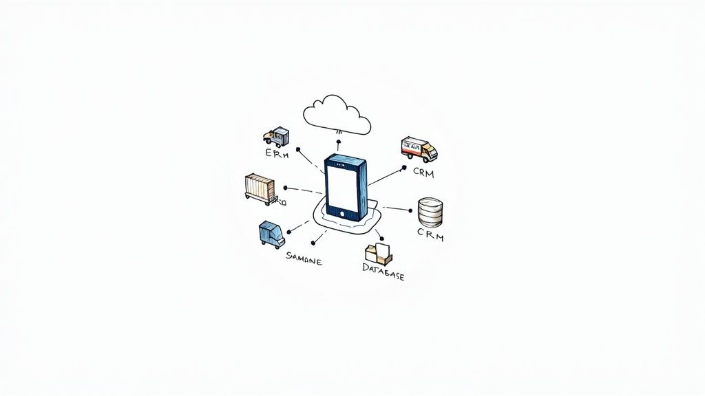 A smartphone connecting to various enterprise systems including CRM, ERM, databases, and logistics elements.