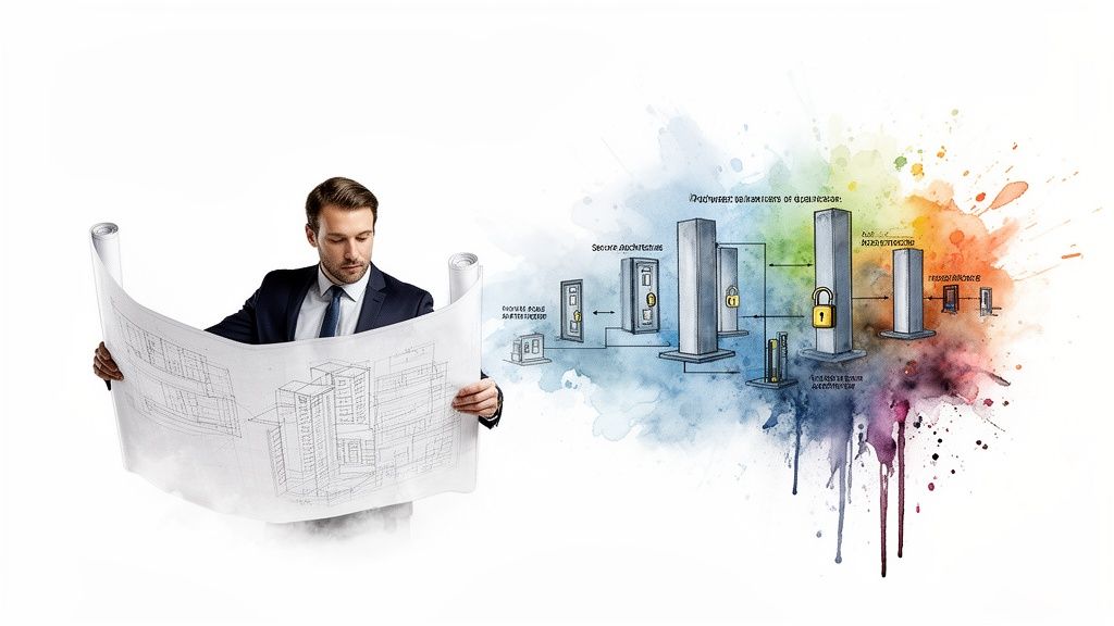A man in a suit reviews an architectural blueprint, while a colorful diagram illustrates secure architecture concepts with locks.