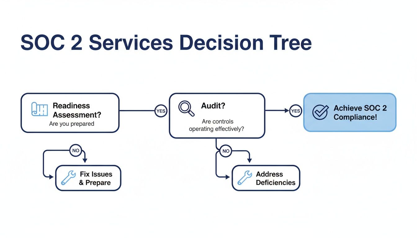 A SOC 2 Services Decision Tree flowchart showing steps for achieving compliance, from readiness to audit.