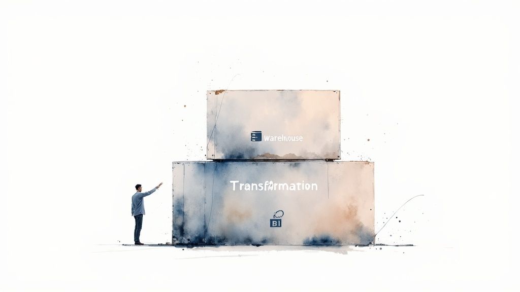 A person points towards two stacked containers, one labeled 'Warehouse' and the other 'Transformation BI'.