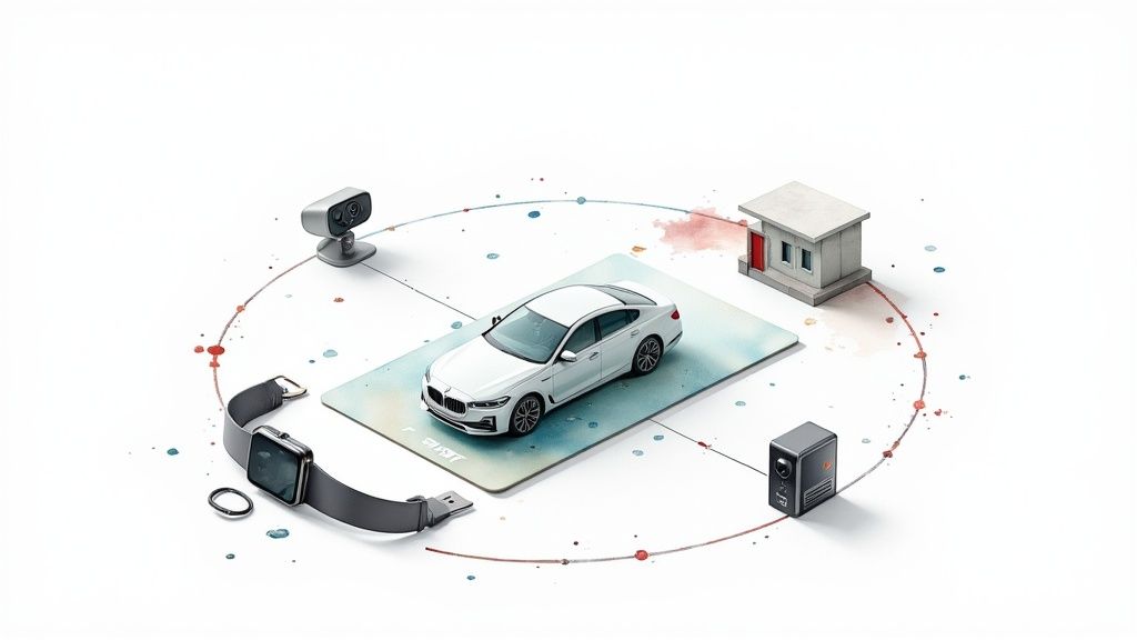 Digital ecosystem connecting a car, smart devices, camera, and smart home on a white background.