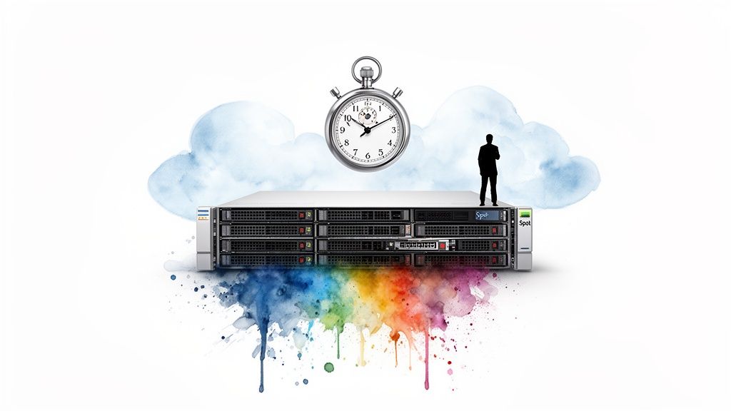 Servers, stopwatch, and a businessman with clouds and colorful splashes, symbolizing cloud cost optimization.