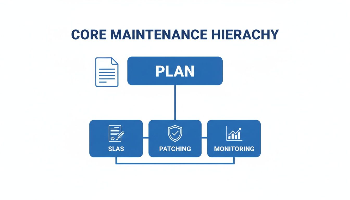Flowchart illustrating a core maintenance hierarchy with plan, SLAS, patching, and monitoring components.