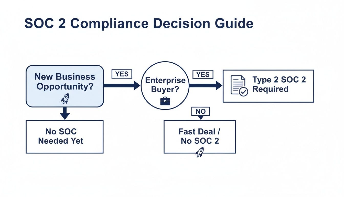 A decision guide flowchart for SOC 2 compliance, evaluating new business opportunities and enterprise buyers.