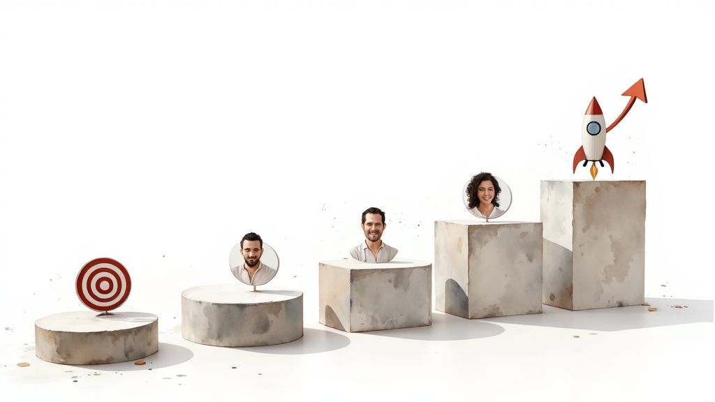 Three team members on rising platforms, leading to a rocket and upward arrow, symbolizing growth and success.