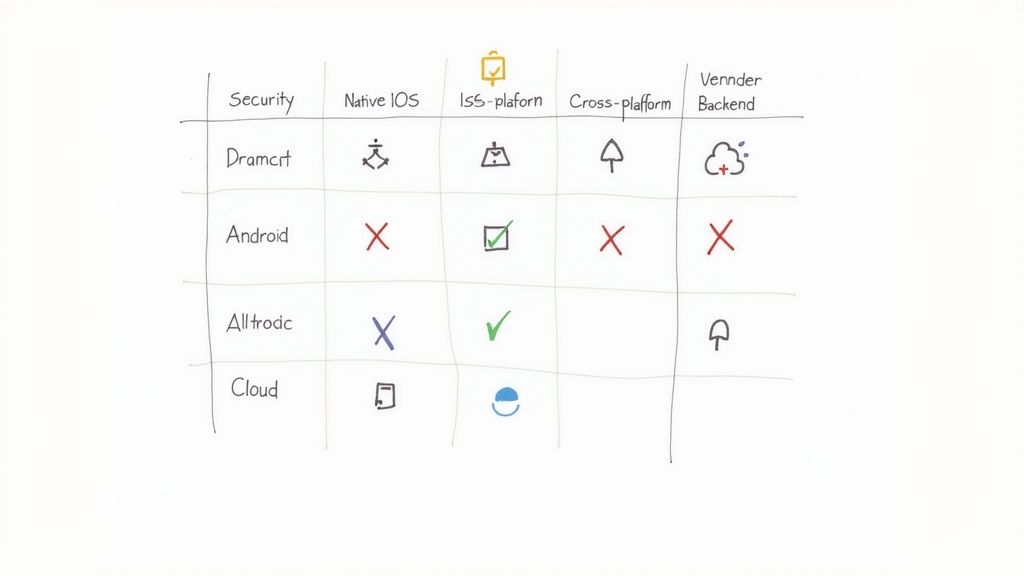 A handwritten table comparing security features across mobile development platforms, including Native iOS, Cross-platform, and Vendor Backend.