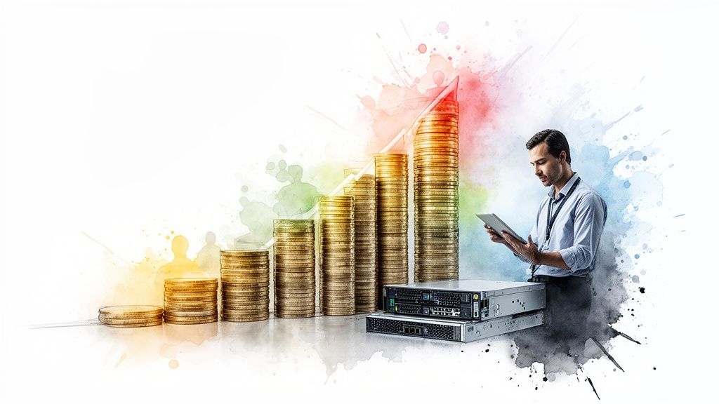 A man with a tablet next to increasing stacks of coins, representing financial and data growth with IT servers.