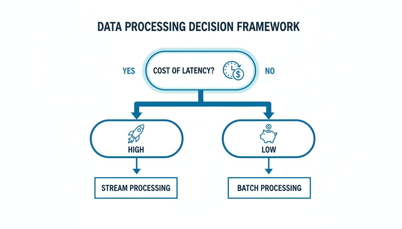 Flowchart illustrating the data processing decision framework, comparing stream and batch processing based on latency cost.