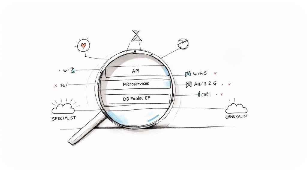 Diagram showing API, Microservices, and DB layers in a magnifying glass, connected to specialist and generalist concepts.