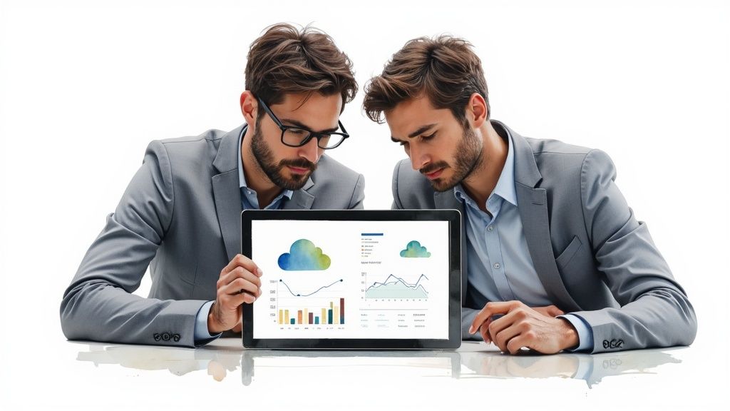 Two businessmen in suits intently analyze cloud data charts and graphs on a tablet.