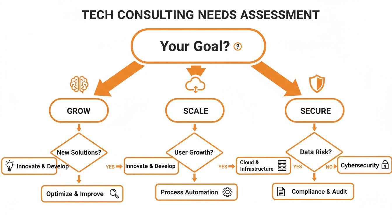 A flowchart detailing a technology consulting needs assessment based on business goals like grow, scale, and secure.