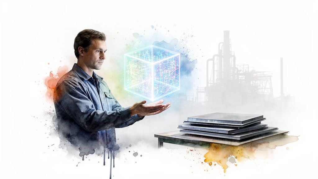Man holding a glowing data cube, symbolizing digital transformation in manufacturing, with industrial backdrop.
