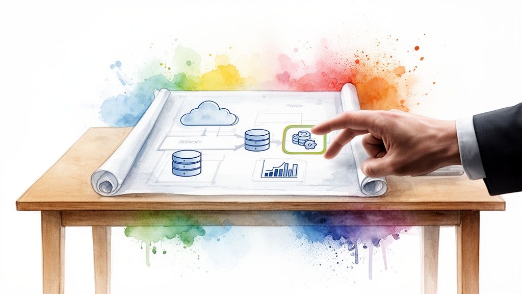 A person's hand touches a data flow diagram blueprint showing cloud, databases, and analytics.