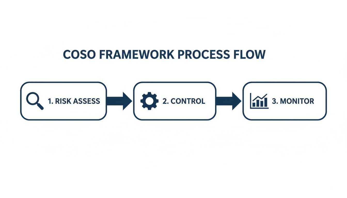 COSO framework process flow illustrating risk assessment, control implementation, and continuous monitoring stages.