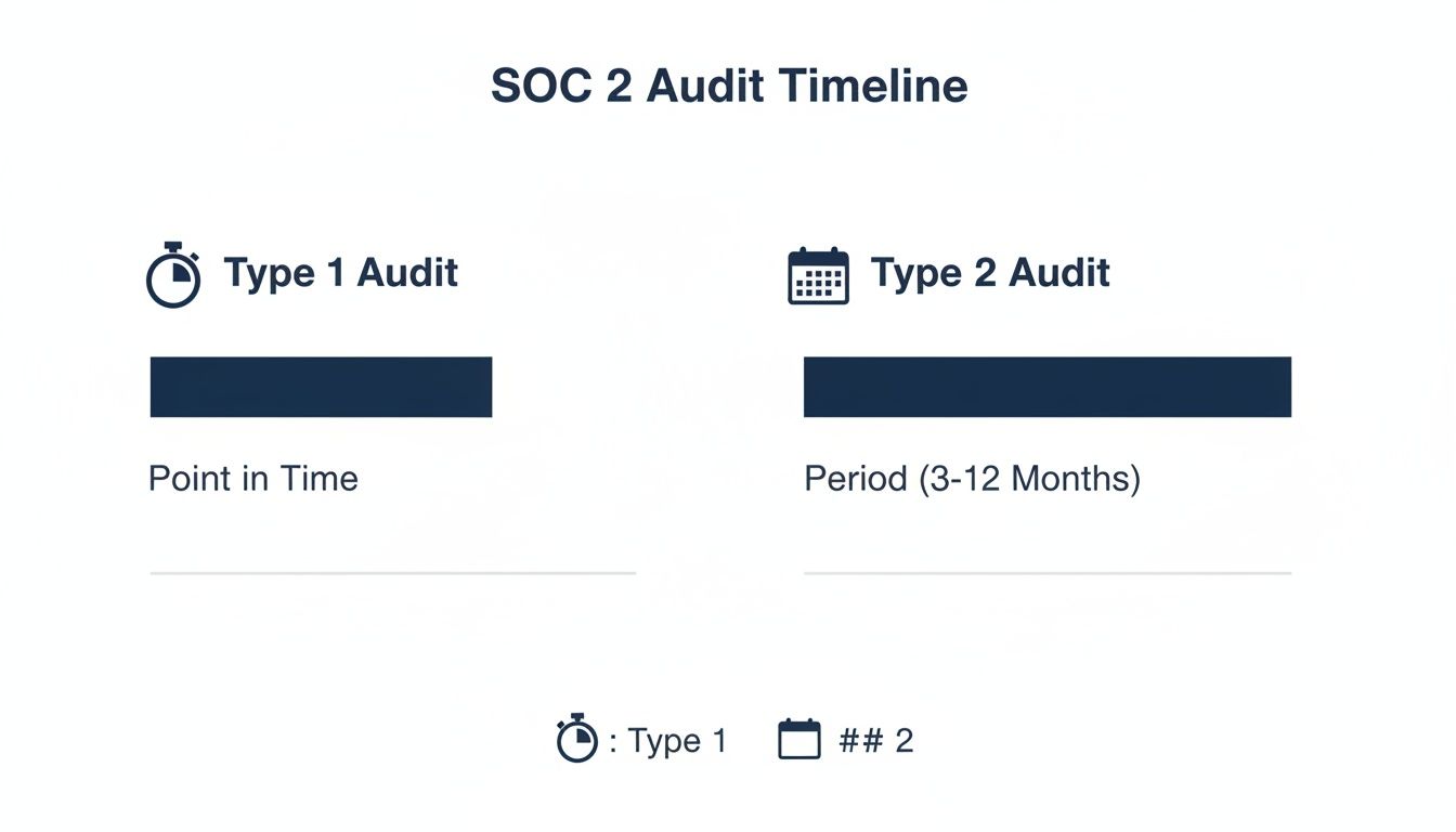 Infographic comparing the duration of SOC 2 Type 1 (point in time) and Type 2 (3-12 months) audits.