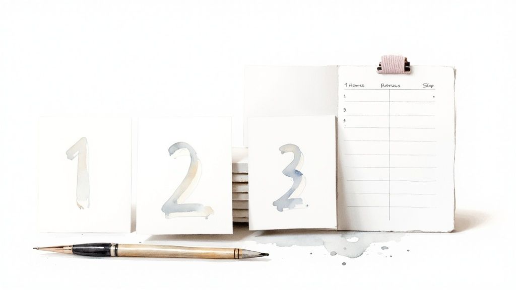 Three watercolor cards with numbers 1, 2, 3, a pen, and a handwritten list on white.