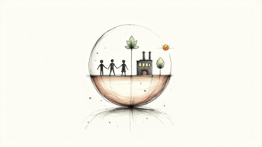 Hand-drawn illustration of a sustainable world with people, a factory, and trees inside a sphere.