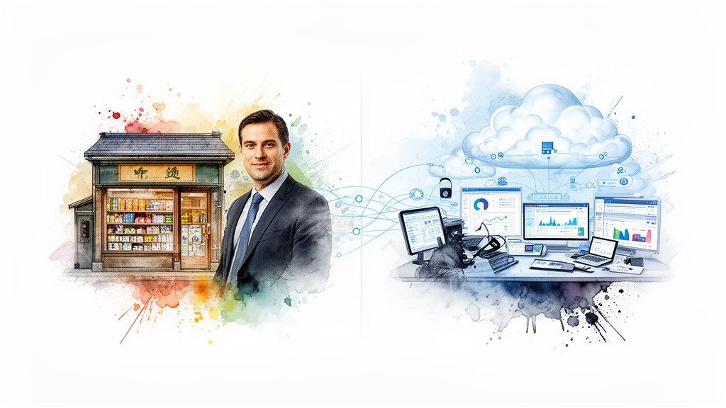 Enterprise digital transformation connecting a traditional business owner with modern cloud technology.