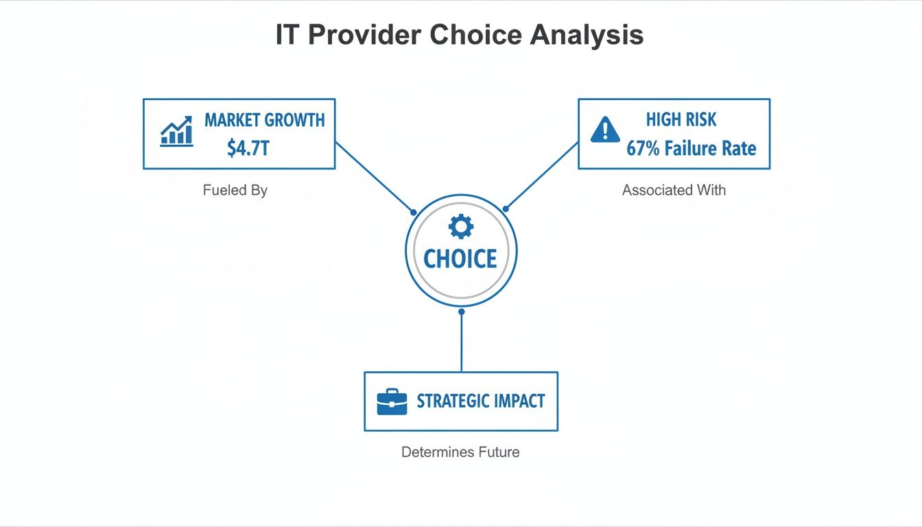 A diagram analyzing IT provider choice, showing market growth, high risk failure rate, and strategic impact.
