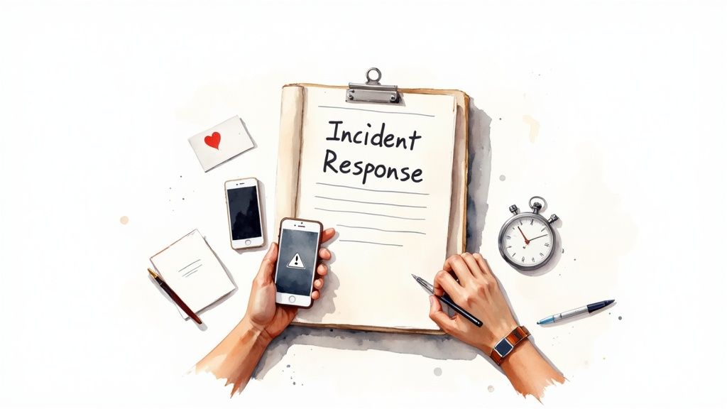 Hands writing 'Incident Response' on a clipboard, with smartphones and a stopwatch on a white desk.