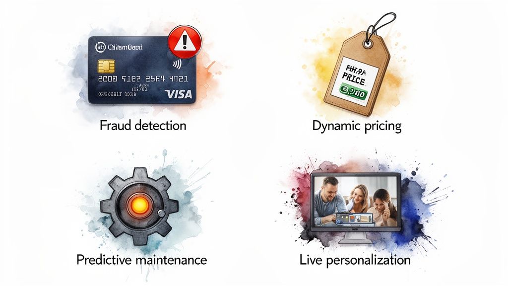 Four illustrations: fraud detection, dynamic pricing, predictive maintenance, and live personalization, representing data applications.