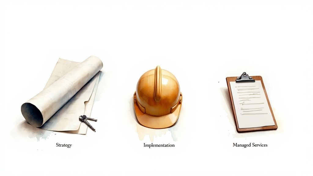Three items represent project stages: blueprints for strategy, a hard hat for implementation, and a clipboard for managed services.