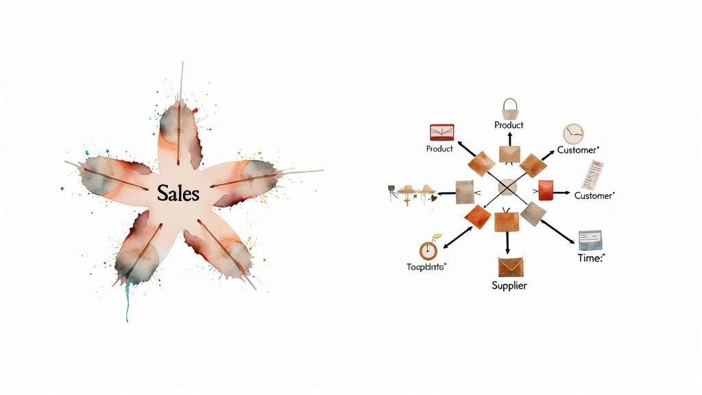A watercolor diagram illustrating sales data modeling with a central 'Sales' concept and a star schema for data dimensions.