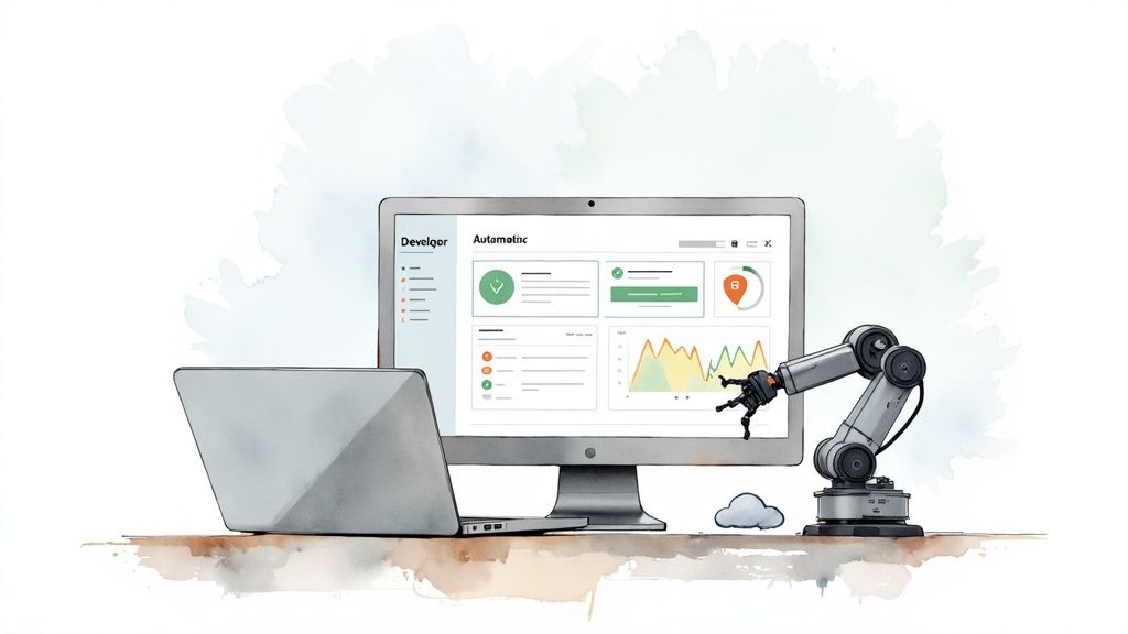 Watercolor illustration of a computer monitor showing a dashboard, a laptop, and a robotic arm interacting with the screen.