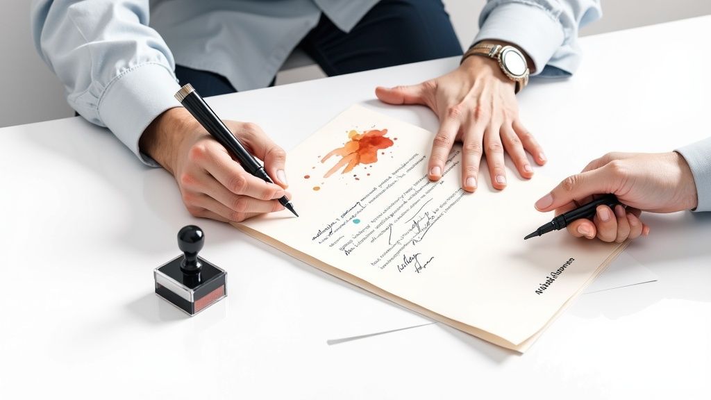 Hands signing a business contract with pens on a white desk, alongside a rubber stamp.