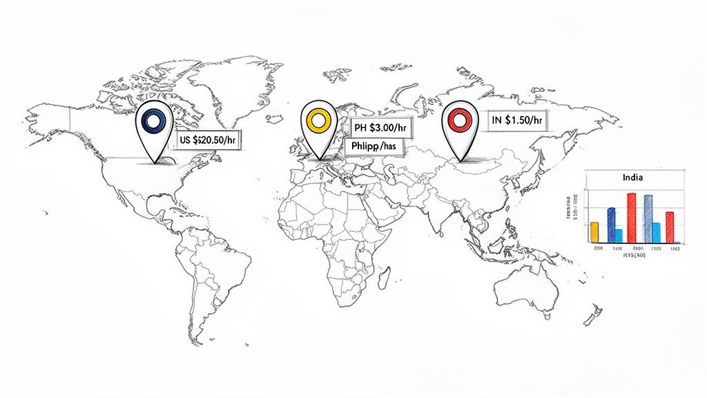 A world map illustrating different hourly rates for labor in the US, Philippines, and India.