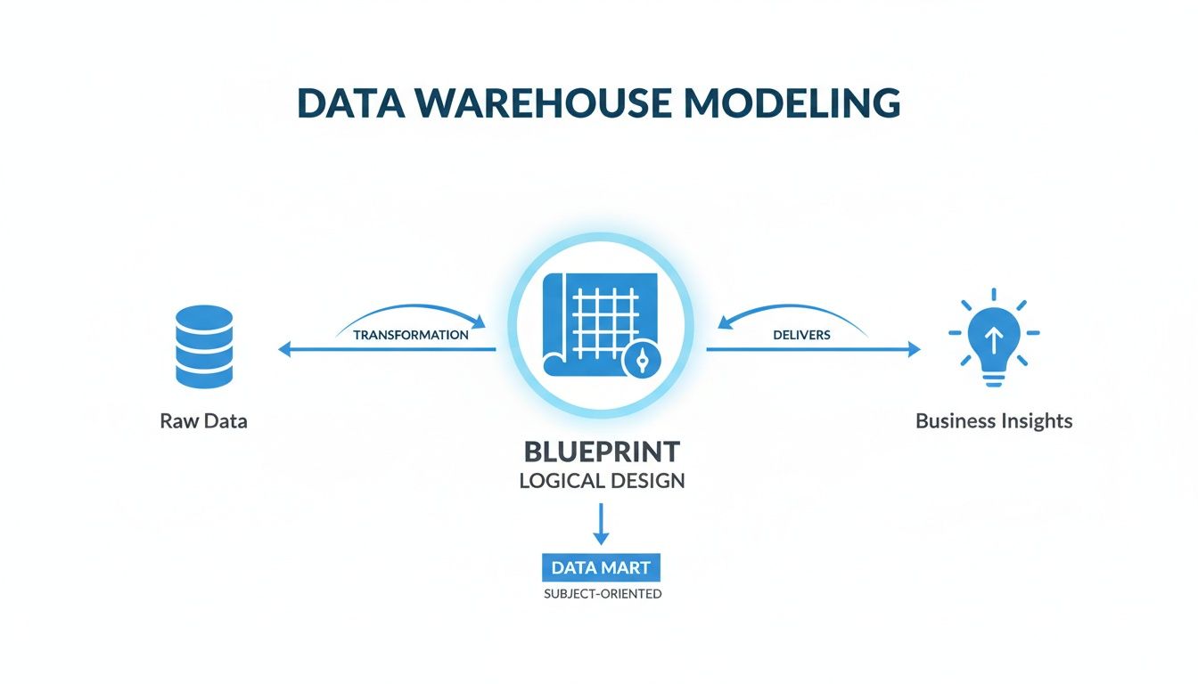 Diagram illustrating data warehouse modeling, showing raw data transforming into a logical design and business insights.