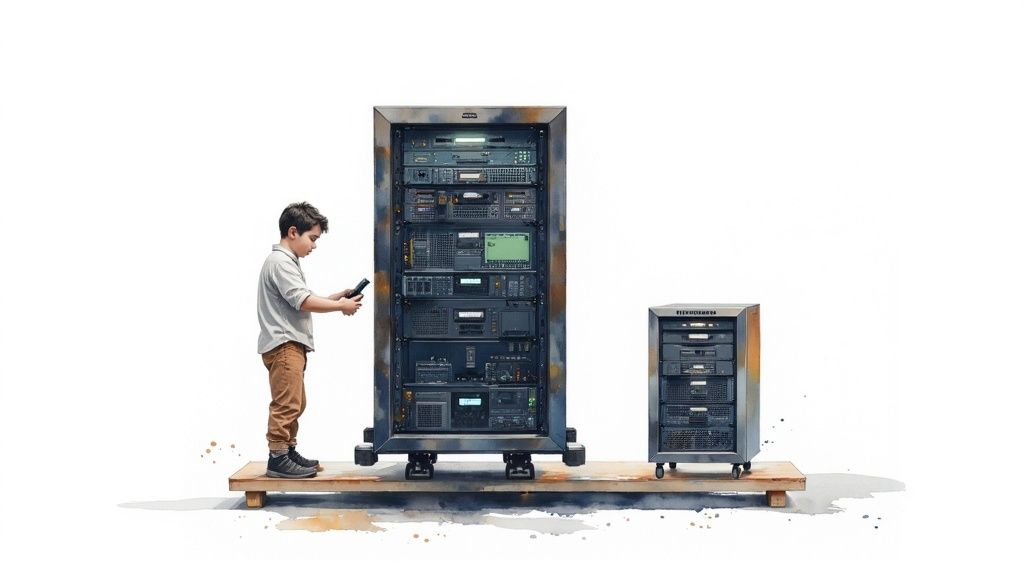 A boy with a mobile device next to large server racks on a wooden platform, suggesting IT infrastructure.
