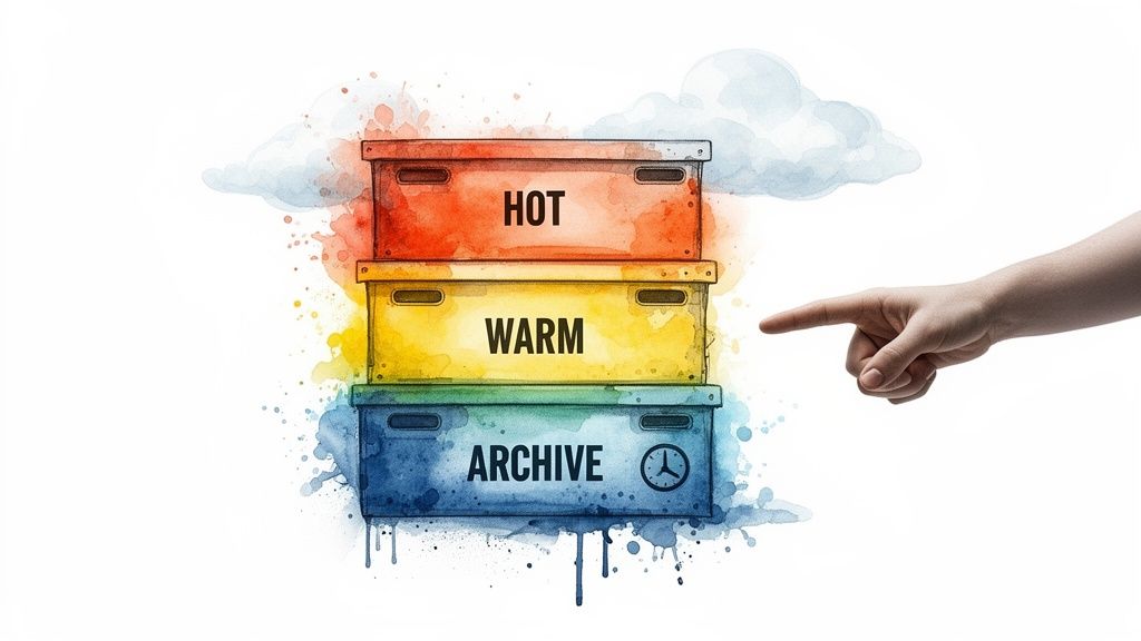 A hand points to stacked storage boxes labeled Hot, Warm, and Archive, representing data tiers in the cloud.