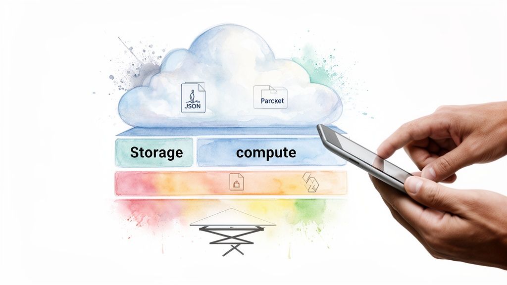 A diagram illustrating cloud data architecture with JSON and Parquet files, storage, and compute, accessed via a smartphone.