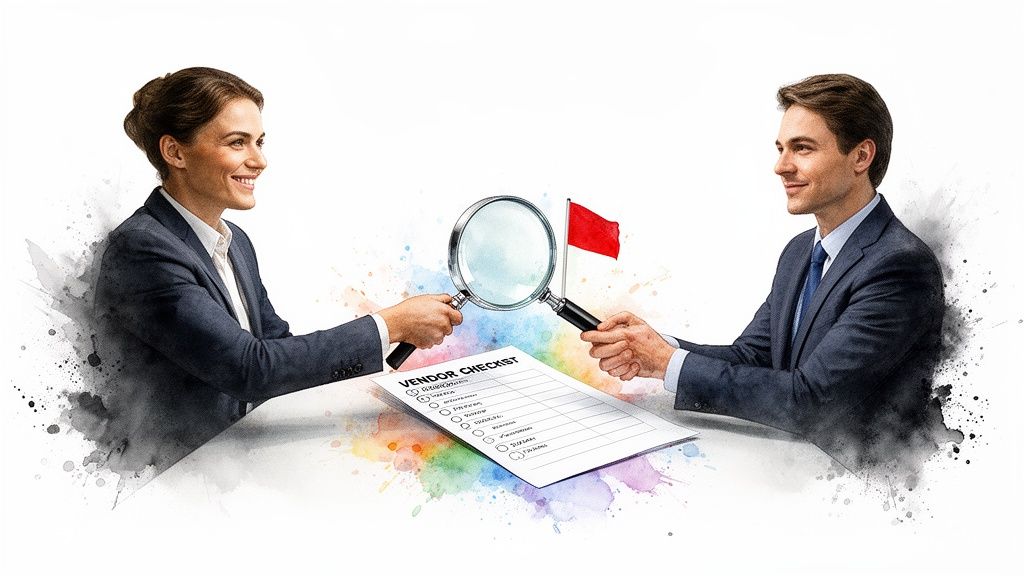 Two professionals evaluate a vendor checklist with a magnifying glass and red flag, symbolizing scrutiny and risk assessment.