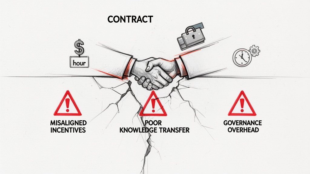 Illustration of a handshake over cracks, depicting contract challenges like misaligned incentives, poor knowledge transfer, and governance overhead.