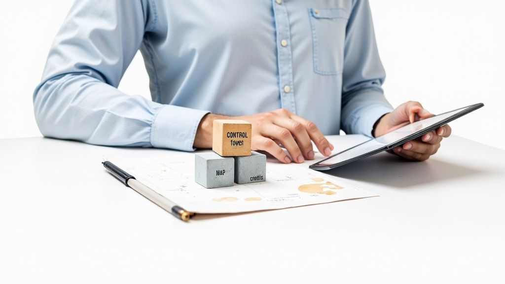 A person in a blue shirt holds a tablet, planning with 'CONTROL tower', 'MAP', and 'credits' blocks on a white desk.