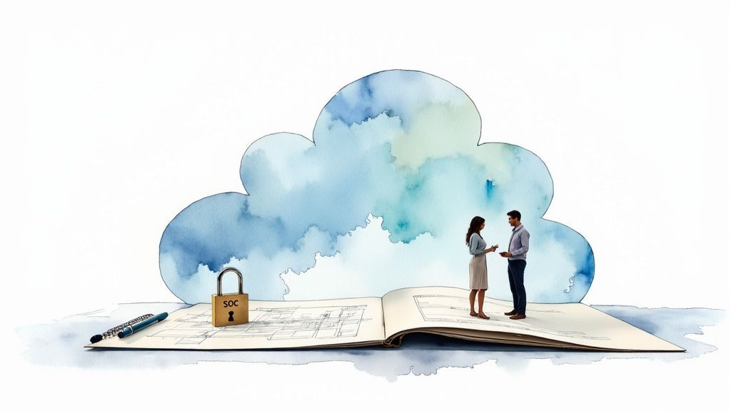 Watercolor illustration depicting cloud security with a SOC padlock, an open book, and two people discussing.