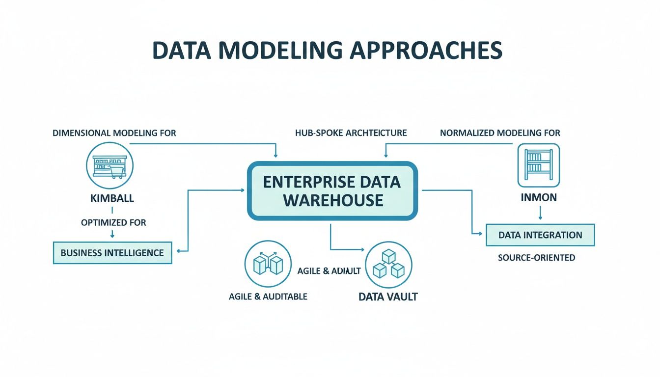 A diagram illustrates various data modeling approaches for an Enterprise Data Warehouse, including Kimball, Inmon, and Data Vault.