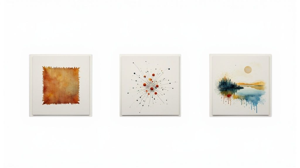 Three framed watercolor paintings: an abstract texture, a radiating burst, and a serene lakeside landscape.